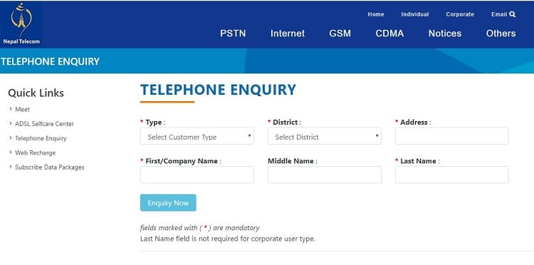 telephone inquiry page